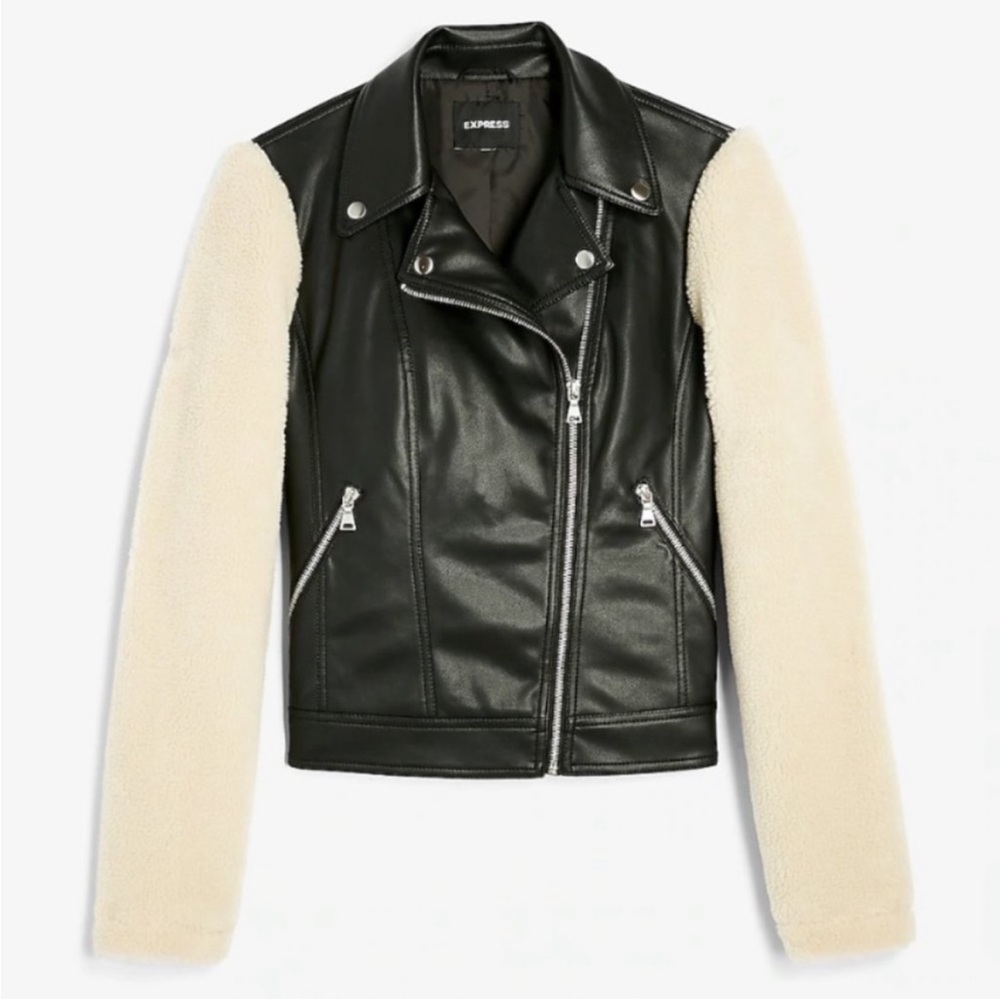 EXPRESS Vegan Leather Sherpa Sleeve Moto Jacket size small